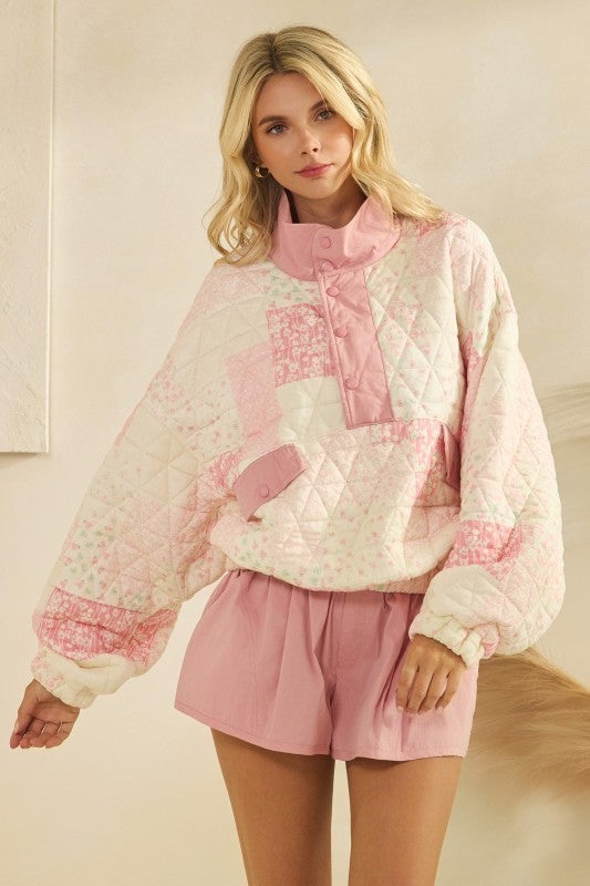Pink Floral Printed Quilted Quarter Snap Pullover | The Pretty