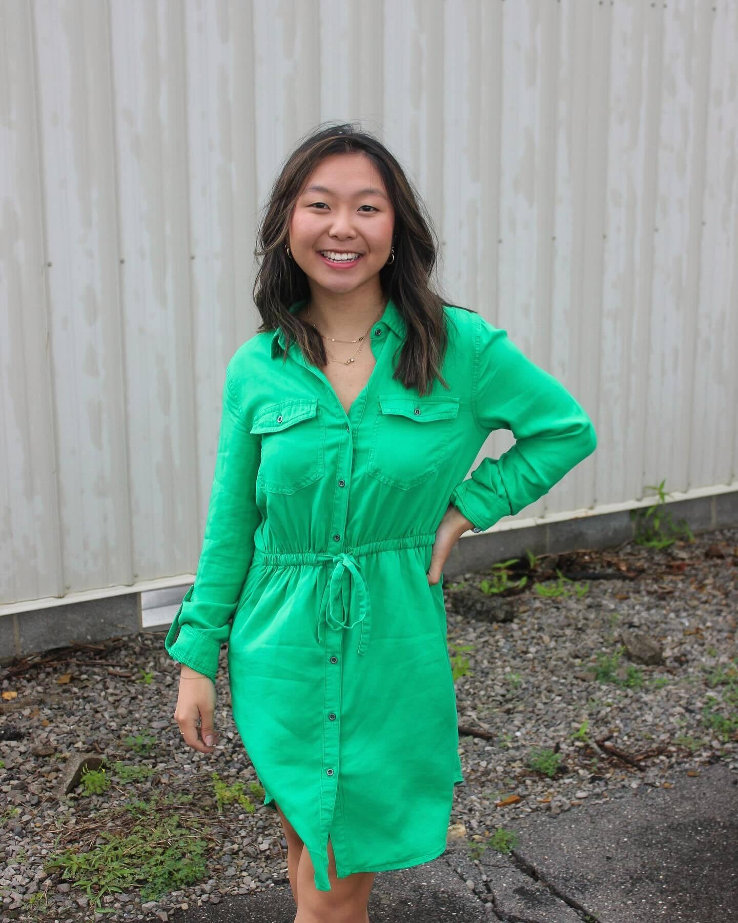 Kelsey Kelly Green Button Down Tencel Midi Shirt Dress